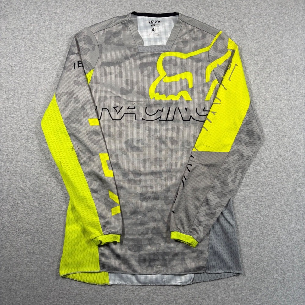 Fox Racing Jersey Mens Medium Gray Neon Yellow Leopard Print Long Sleeve Moto
